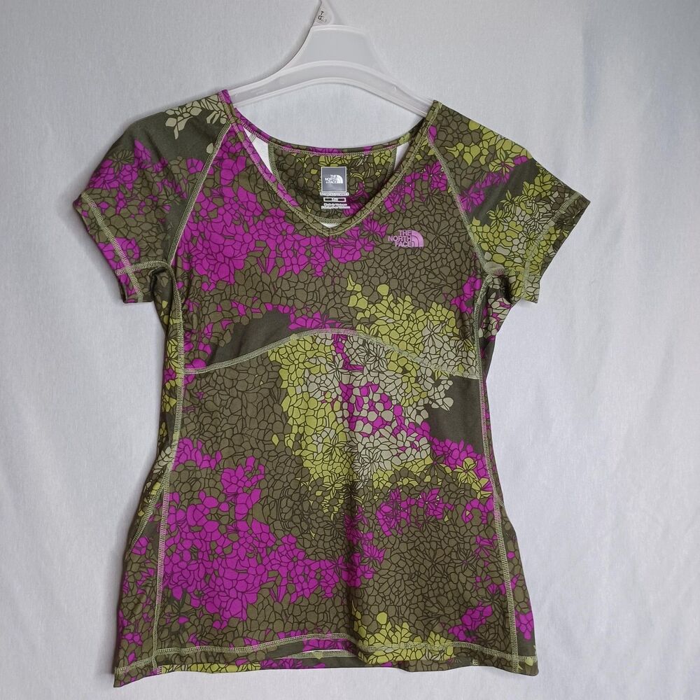 The North Face Top Womens Large Green Pink Floral Athletic Performance Tee